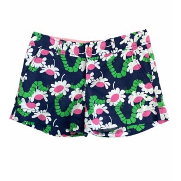 Lilly Pulitzer women cotton blend floral navy yum yum Caterpillar shorts pants 8 - Picture 2 of 7